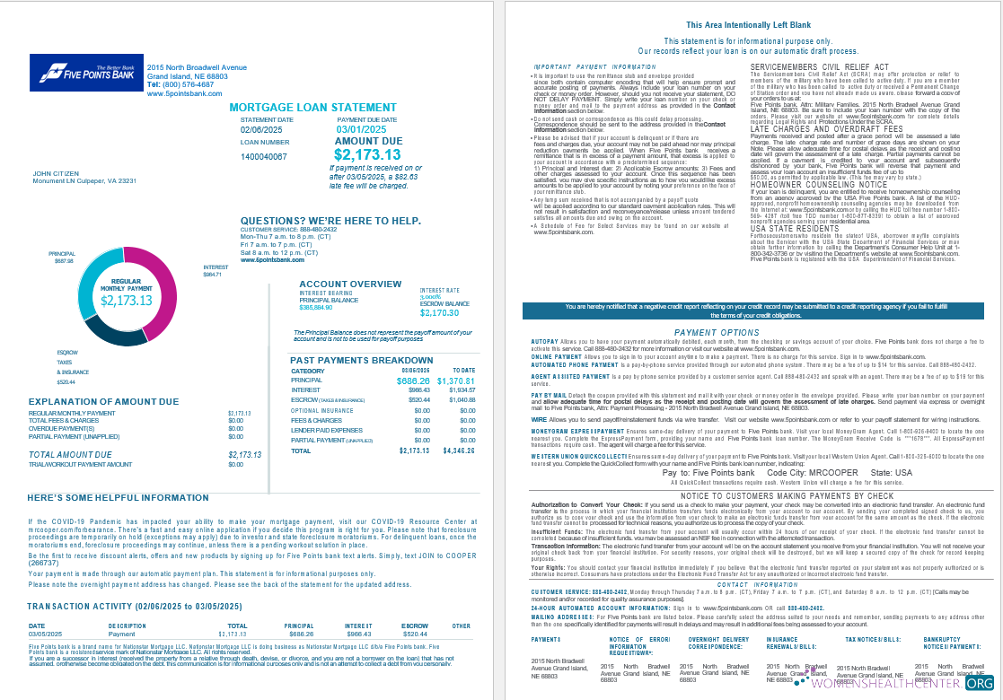 USA Nebraska Five Points Bank mortgage loan statement in Word and PDF formats , 4 pages 1 2